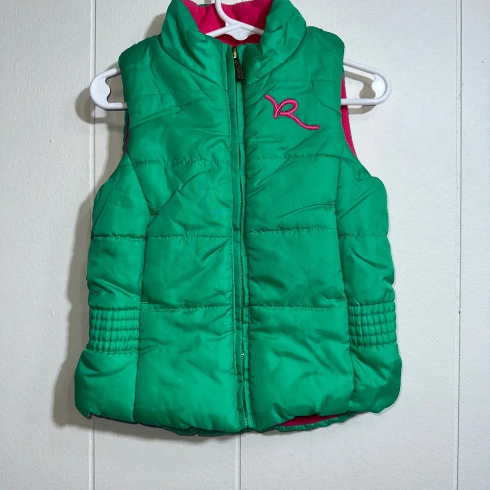 Rocawear Girls‎ Green Puffer Vest Pink Fleece Lining 3T Quilted Zip Up Mock Neck